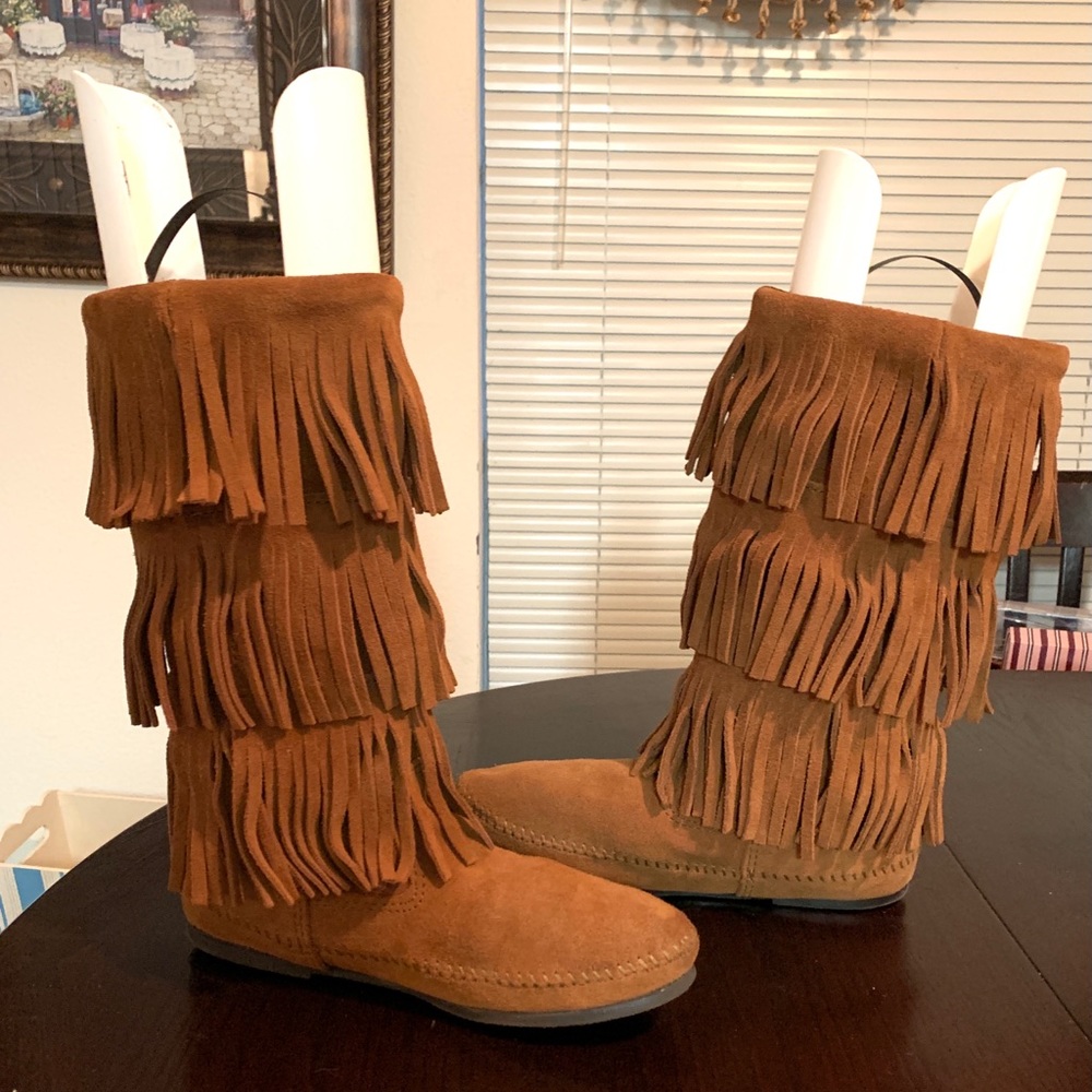 Minnetonka Triple Fringe Suede Moccasin Boots in Cognac Brown - Picture 2 of 7